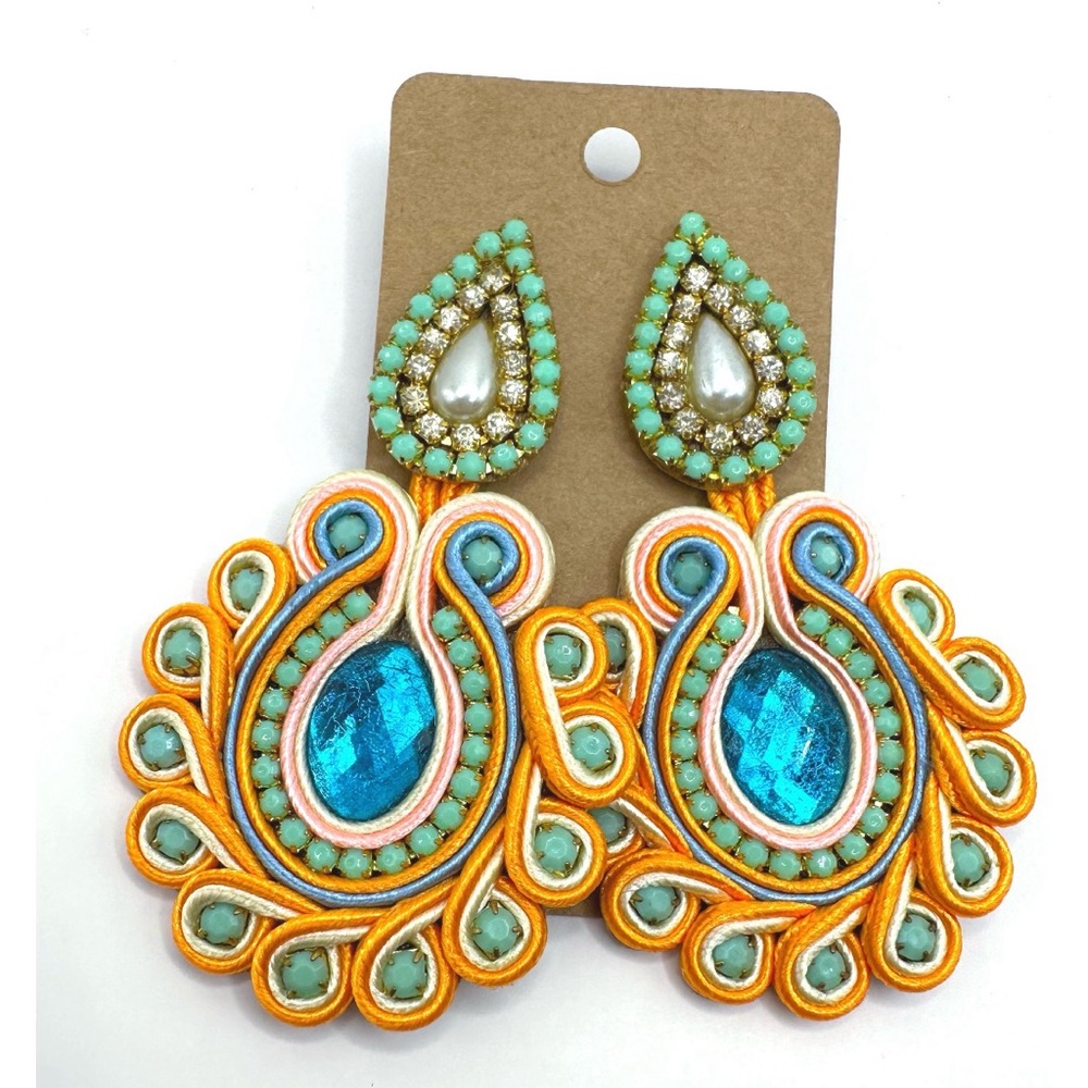 Soutache Orange & Mint & Blue Rhinestone Earrings